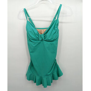 Lands' End Green Tankini Sz 2 Adjustable Straps Underwire Built In Bra Ruffle